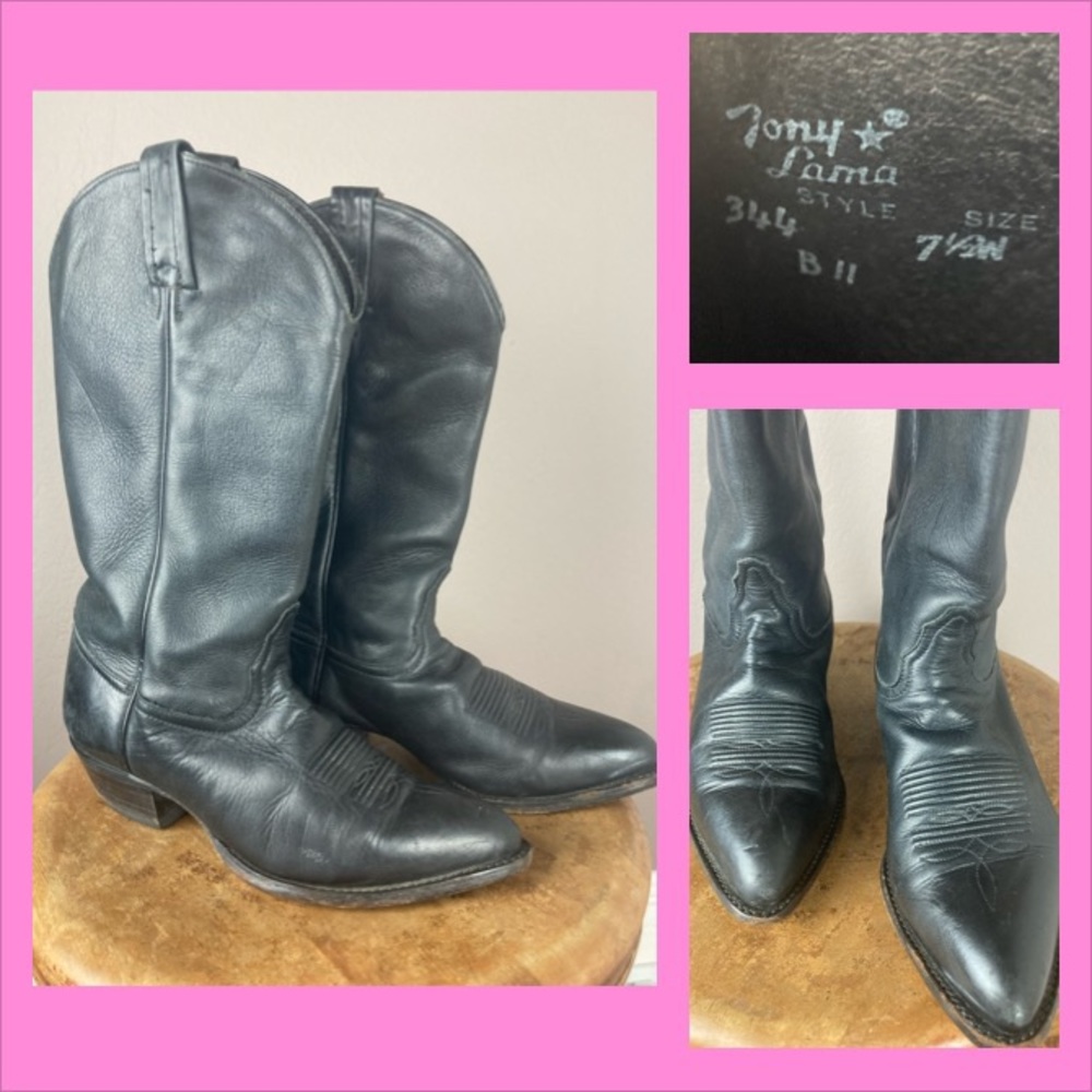 Vintage Tony Lama Black Leather Cowboy Boots